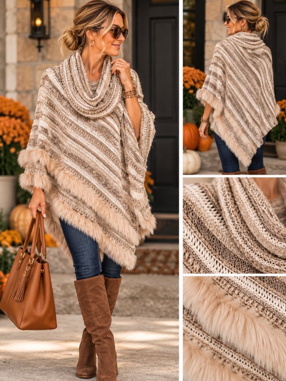 Chico’s Knit Poncho Sweater Faux Fur Trim Beige Cream L/XL